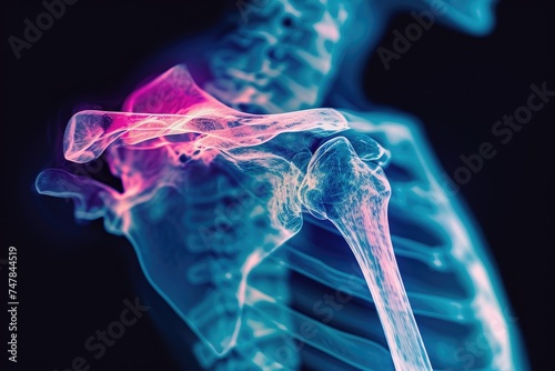 This x-ray image depicts a detailed view of a human skeleton, highlighting the intricate anatomy and bone structure, Skeletal view of a human's scapula through 3D X-ray, AI Generated