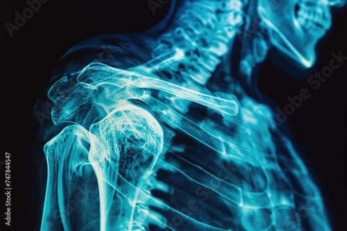 This x-ray image reveals the detailed structure of a mans back and shoulder, Skeletal view of a human's scapula through 3D X-ray, AI Generated