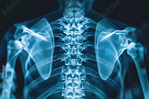 The photo showcases the blue-colored back of a skeleton, Skeletal view of a human's scapula through 3D X-ray, AI Generated