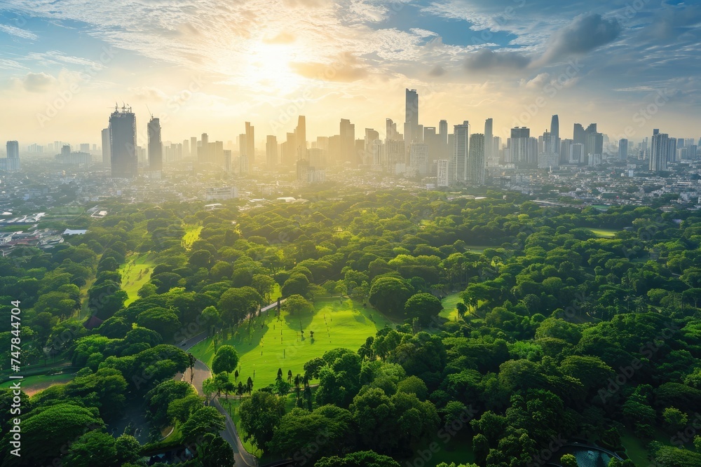 Aerial View of City and Park With Skyscrapers and Green Space, Skyline ...