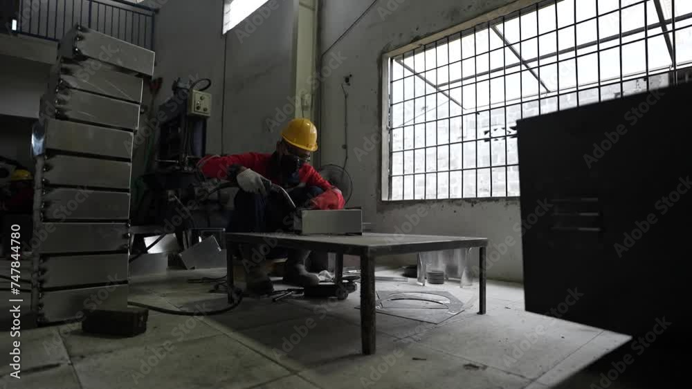 close-up view of a welder welding metal. metal box welding process close-up view of a welder welding metal. metal box welding process