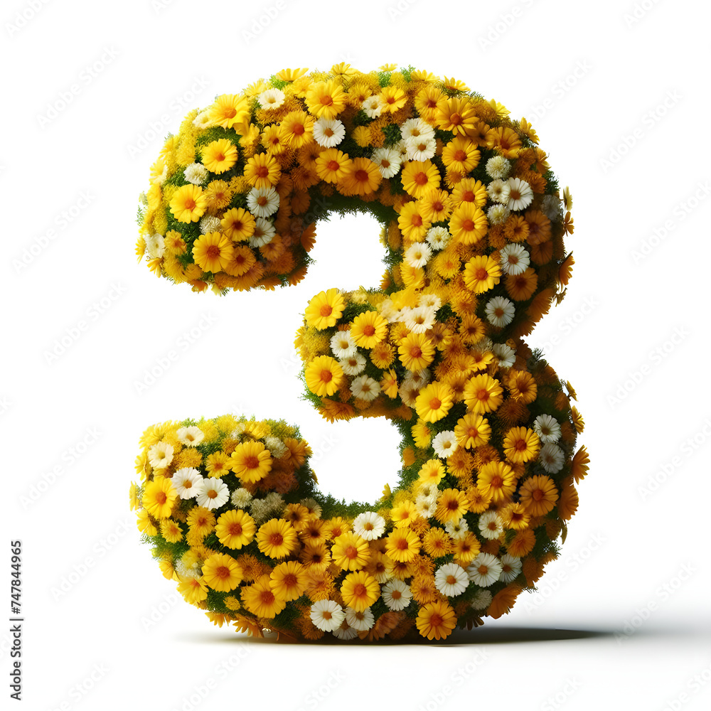 Number 3 is made of real natural Yellow flowers, Isolated on a white background, flower font concept, Creative Numbers
