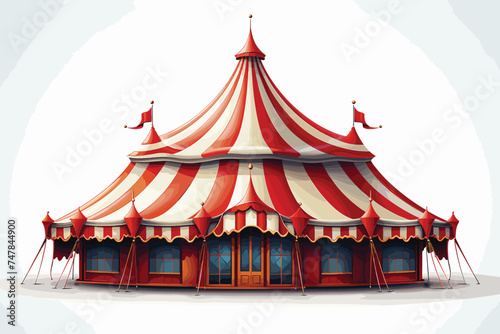 Big Top Circus Tents With Banner/ Illustration of cartoon white and red big top circus tents background with marquee or banner on a blue sky background
