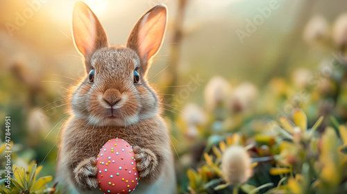 Easter bunny holds painted Easter egg in meadow with spring flowers . space for text