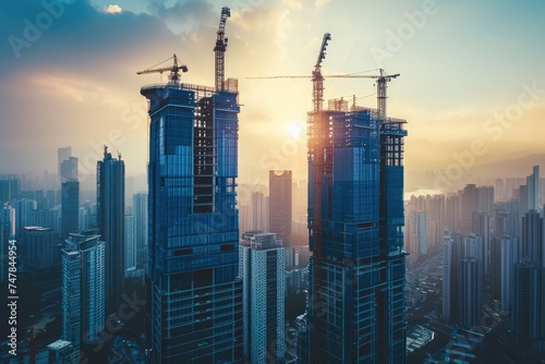 A photo of a group of tall buildings, each with cranes on top, showcasing ongoing construction projects, Skyscraper under construction in the future with a layered skyline backdrop, AI Generated