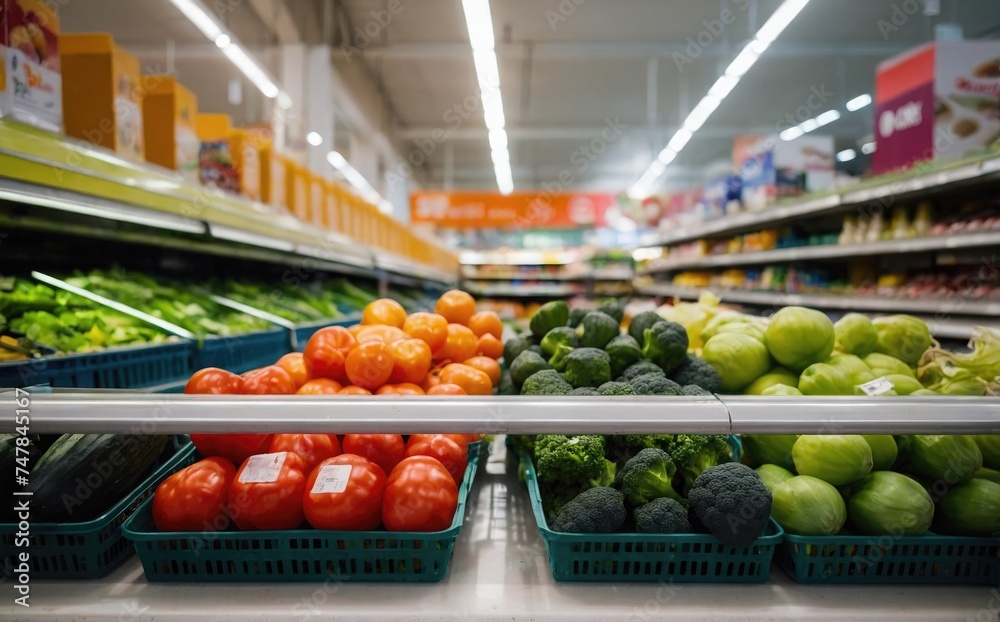 Vegetables Displayed on  Vibrant Mart Colorful Shelves  in the Supermarket Ai Generative 