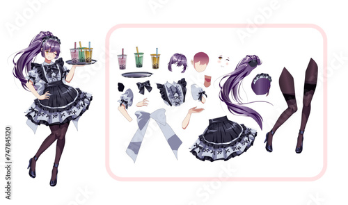 Maid cafe girl color vector character for animation. Pretty anime woman waitress with milkshakes and dress details kit. Japanese manga illustration