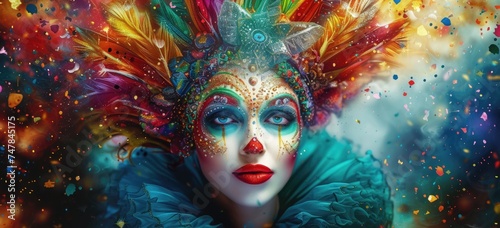 A vision of splendor and celebration, a masked reveler bedazzles the carnival crowd with feathers, glitter, and beads, pulsating with excitement © Murda