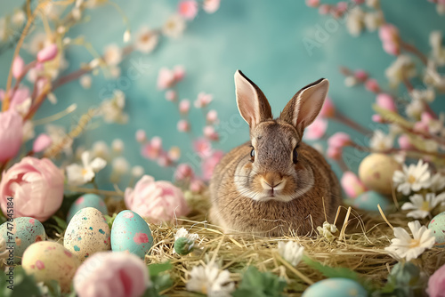 Easter bunny sitting surrounded painted Easter eggs and spring flowers decoration . space for text