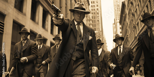 A group of 1920s armed gangsters on the street photo