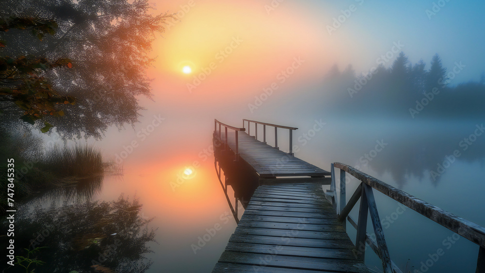 Fototapeta premium A misty morning over the lake with an old wooden bridge
