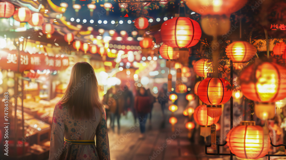 A young woman walking through an asian market surrounded by beautiful lanterns A young woman walking through an asian market surrounded by beautiful lanterns