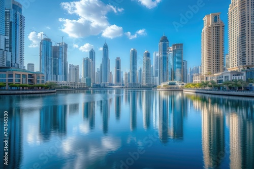 An aerial shot capturing a large expanse of water shimmering between towering skyscrapers, Skyscrapers overlooking the tranquil city waterfront, AI Generated © Iftikhar alam