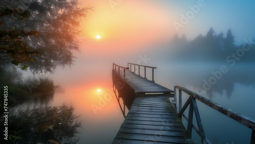 A misty morning over the lake with an old wooden bridge © Adrian Grosu