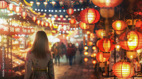 A young woman walking through an asian market surrounded by beautiful lanterns