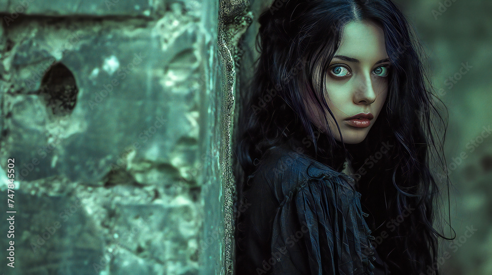 Obraz premium A young woman dressed in black in a room of an old castle, gothic atmosphere