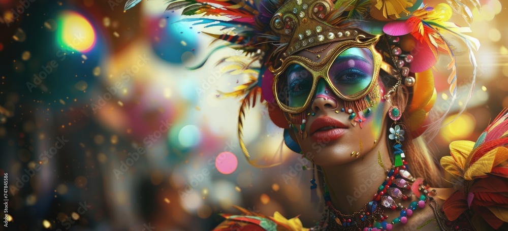Draped in feathers, glitter, and beads, a masked reveler becomes the embodiment of carnival excitement, igniting joy in all who cross their path
