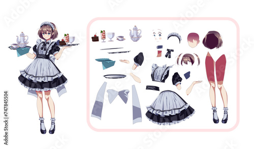 Maid cafe girl color vector character for animation. Pretty anime woman waitress with milkshakes and dress details kit. Japanese manga illustration