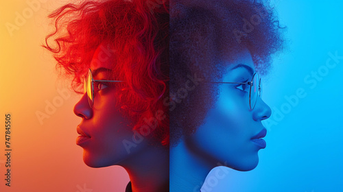 two women with glasses Against Red and Blue Background
