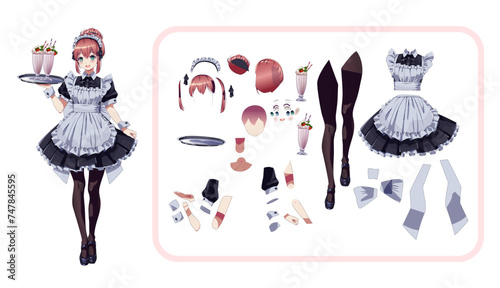 Maid cafe girl color vector character for animation. Pretty anime woman waitress with milkshakes and dress details kit. Japanese manga illustration