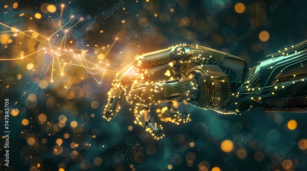 A robotic hand generates a powerful electric spark, epitomizing the energy and potential of robotics and electrical engineering. The dynamic scene conveys the power of innovation. AI Generative A robotic hand generates a powerful electric spark, epitomizing the energy and potential of robotics and electrical engineering. The dynamic scene conveys the power of innovation. AI Generative