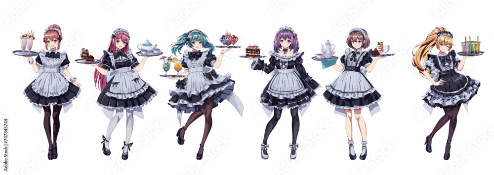 Obraz premium Pretty girls in maid cafe costumes color vector characters set. Cute anime women holding trays with cakes and drinks on white background