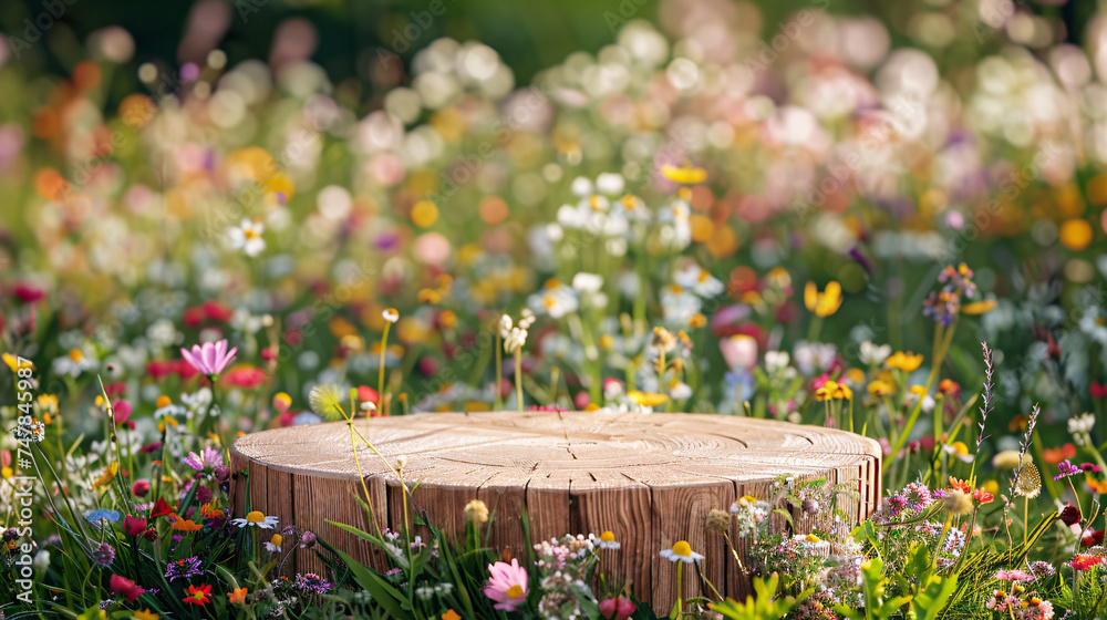 thin wooden podium for product placement on the colorful meadow full of wildflowers background