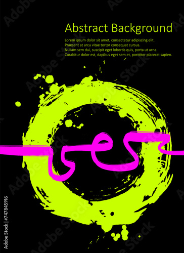 Purple and green fluo abstract background with ink brush design elements.