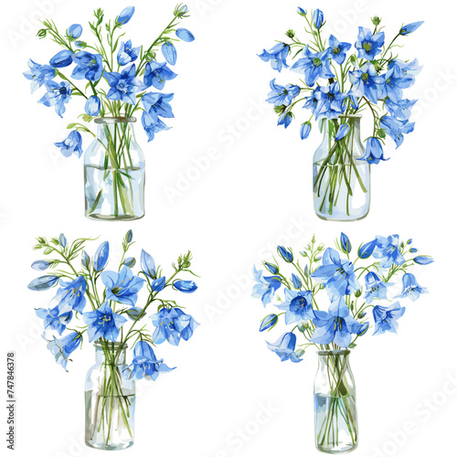 Bluebell Flowers in Vase set watercolor, isolated on white background