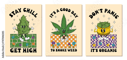 Collection of groovy retro marijuana, weed, cannabis, greender and bud posters. Cannabis culture. Set of posters with psychedelic drug characters. 70s, 80s, 90s hippie vibe.