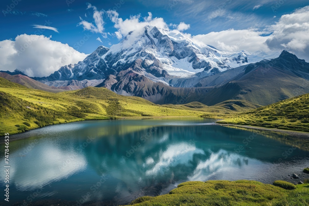 A stunning view of a majestic mountain range with a calm and peaceful lake in the foreground, reflecting the beauty of nature, Snow-capped mountains with a crystal-clear lake, AI Generated