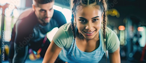 A young woman is seen exercising with the assistance of her trainer, a man, inside a gym. They are both focused on their workout routines, using various equipment and performing different exercises to