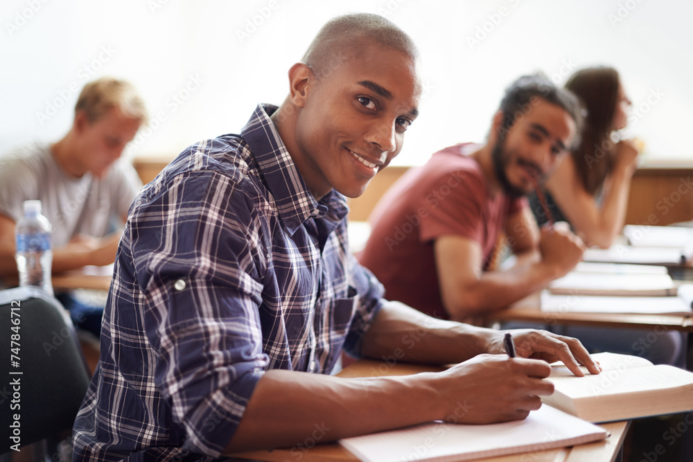 Portrait, university and students in a class, education and knowledge with books and research. Face, friends and men on campus with learning and studying with support and exams with notes and college Portrait, university and students in a class, education and knowledge with books and research. Face, friends and men on campus with learning and studying with support and exams with notes and college