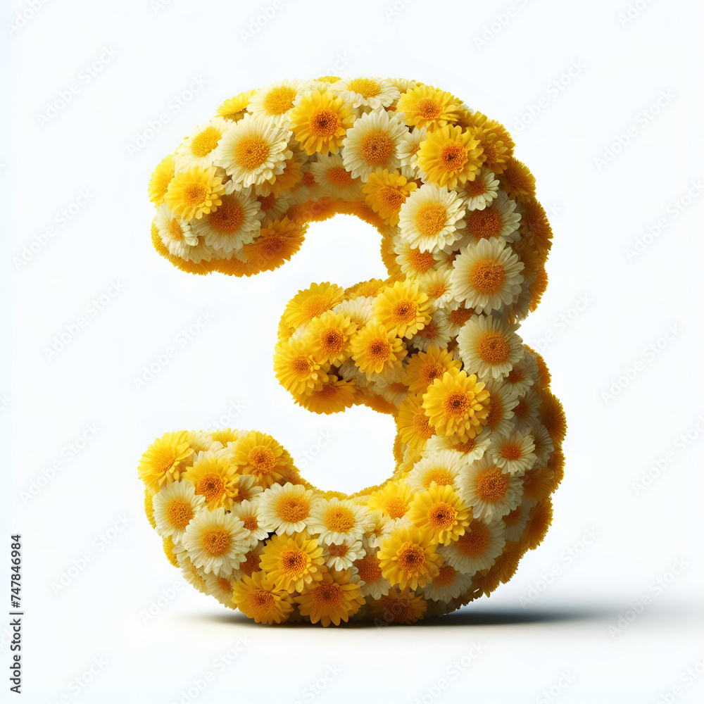 Number 3 is made of real natural Yellow flowers, Isolated on a white background, flower font concept, Creative Numbers Number 3 is made of real natural Yellow flowers, Isolated on a white background, flower font concept, Creative Numbers