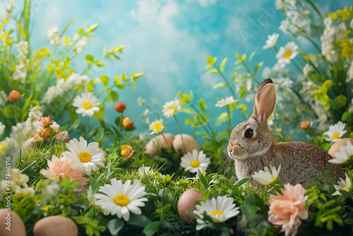 Easter bunny sitting surrounded painted Easter eggs and spring flowers in meadow. space for text
