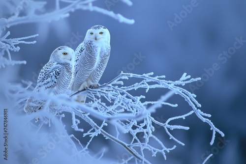 Two snowy owls perched on a tree branch amidst a snowy landscape, Snowy owls perching on frost-covered branches under the moonlight, AI Generated photo