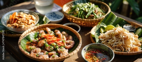 A wooden table is adorned with colorful bowls filled with a variety of delicious food, showcasing the vibrant street food scene in Mueang Luang Prabang. From savory delights to sweet treats, the food