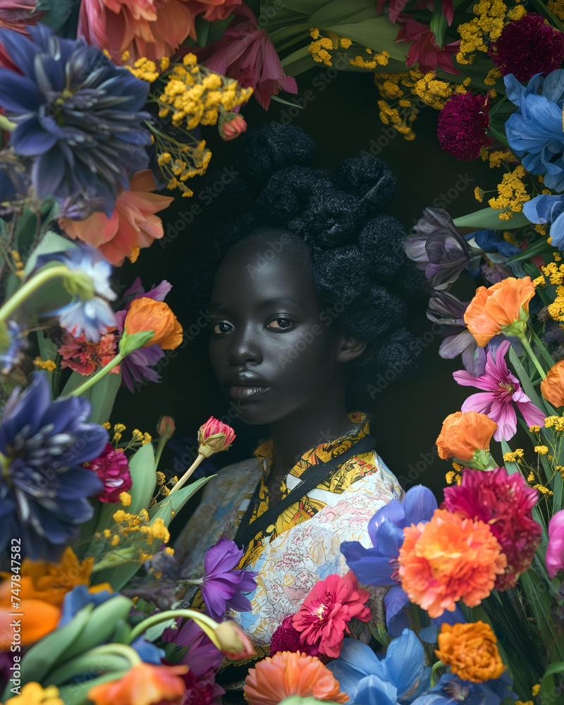 Woman immersed in vibrant flowers. Striking portrait of a woman surrounded by a multitude of colorful flowers, creating an enchanting and vivid scene