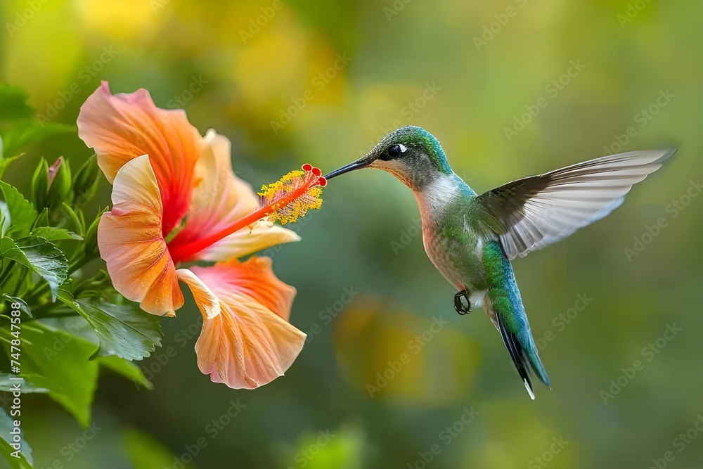 Fototapeta premium A hummingbird hovers, rapidly beating wings creating a blur as it sips nectar from the bright bloom of a hibiscus, epitomizing the vivacious pulse of nature.