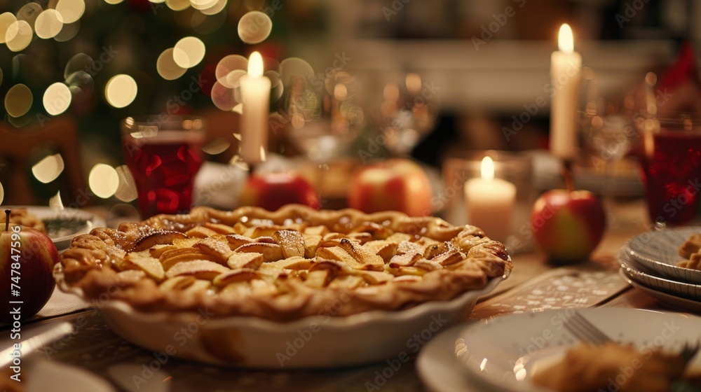 A pie sitting on a table beside a festive Christmas tree