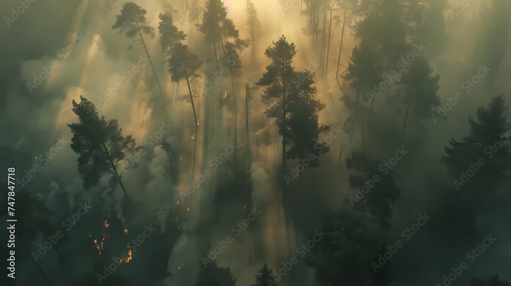 The crackle of a forest fire is barely visible through the dense morning haze. An ominous beauty prevails as nature AI Generative - obrazy, fototapety, plakaty 