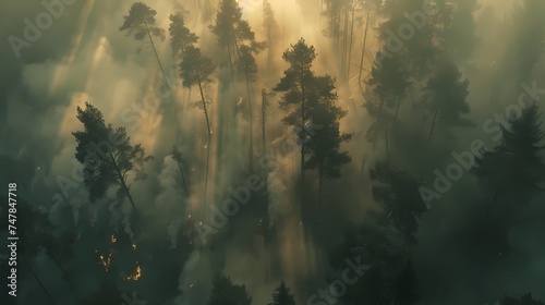 The crackle of a forest fire is barely visible through the dense morning haze. An ominous beauty prevails as nature AI Generative