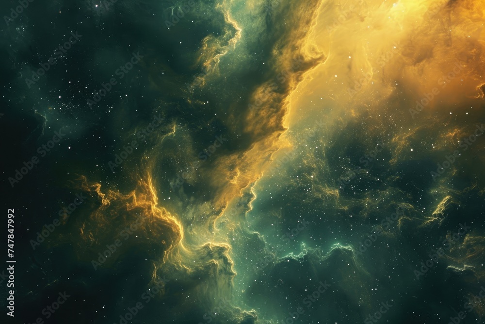 Fototapeta premium An expansive area of the universe featuring a multitude of stars and clouds, Space nebula cloud in rich hues of greens and oranges, AI Generated