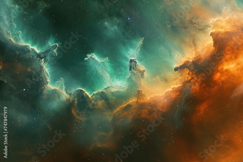 An image of a visually striking space teeming with an array of brightly colored stars, Space nebula cloud in rich hues of greens and oranges, AI Generated