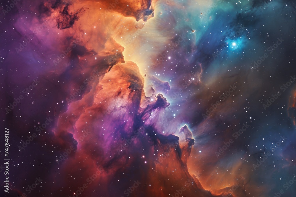 A vibrant expanse of interstellar space illuminated by a multitude of colorful stars and adorned with billowing clouds, Space nebula in dreamy pastel colors, AI Generated
