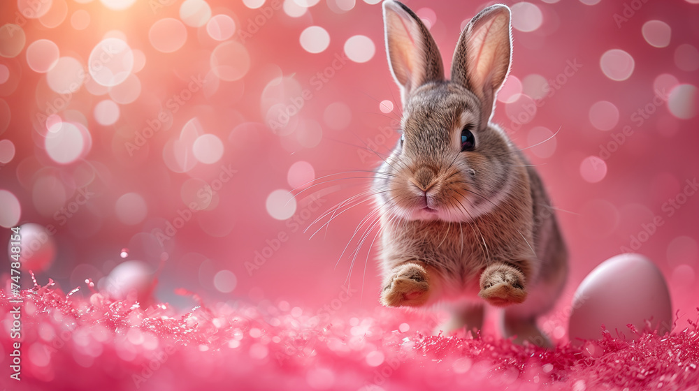 Cute bunny jumping and easter egg on pink background. Concept of happy easter day. space for text Cute bunny jumping and easter egg on pink background. Concept of happy easter day. space for text