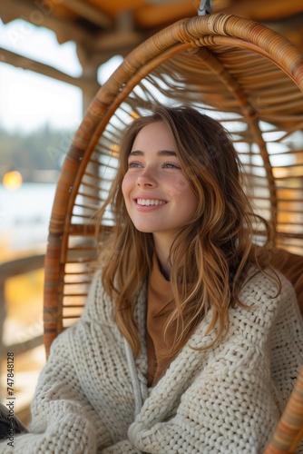 Young Woman Laughs in Wicker Egg Chair, Sporting Casual Attire