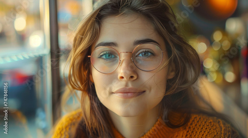 Close-up portrait of a young woman with clear round glasses and a cozy orange sweater, warm indoor lighting in background