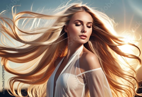 Wind flutters young girls hair