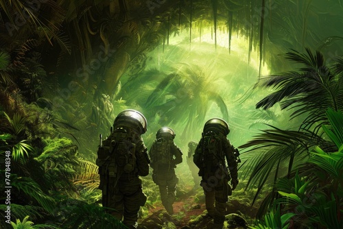 A group of soldiers in uniform walks through a thick jungle, navigating the rugged terrain with determination and caution, Space travellers exploring an alien jungle, AI Generated